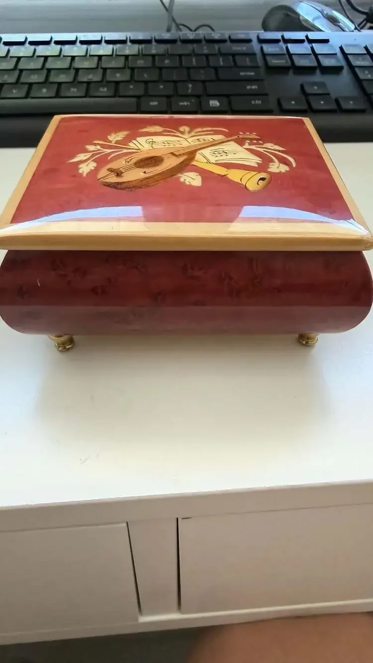 Vintage Italian Marquetry Burl Wood Jewelry Music Box with Mandolin Inlay